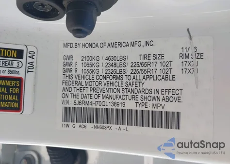 2016 Honda Cr-V Ex-L из США, поврежденный, VIN 5J6RM4H70GL138919